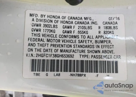 2016 Honda Civic Ex-T from USA, damaged, VIN 2HGFC1F38GH653692